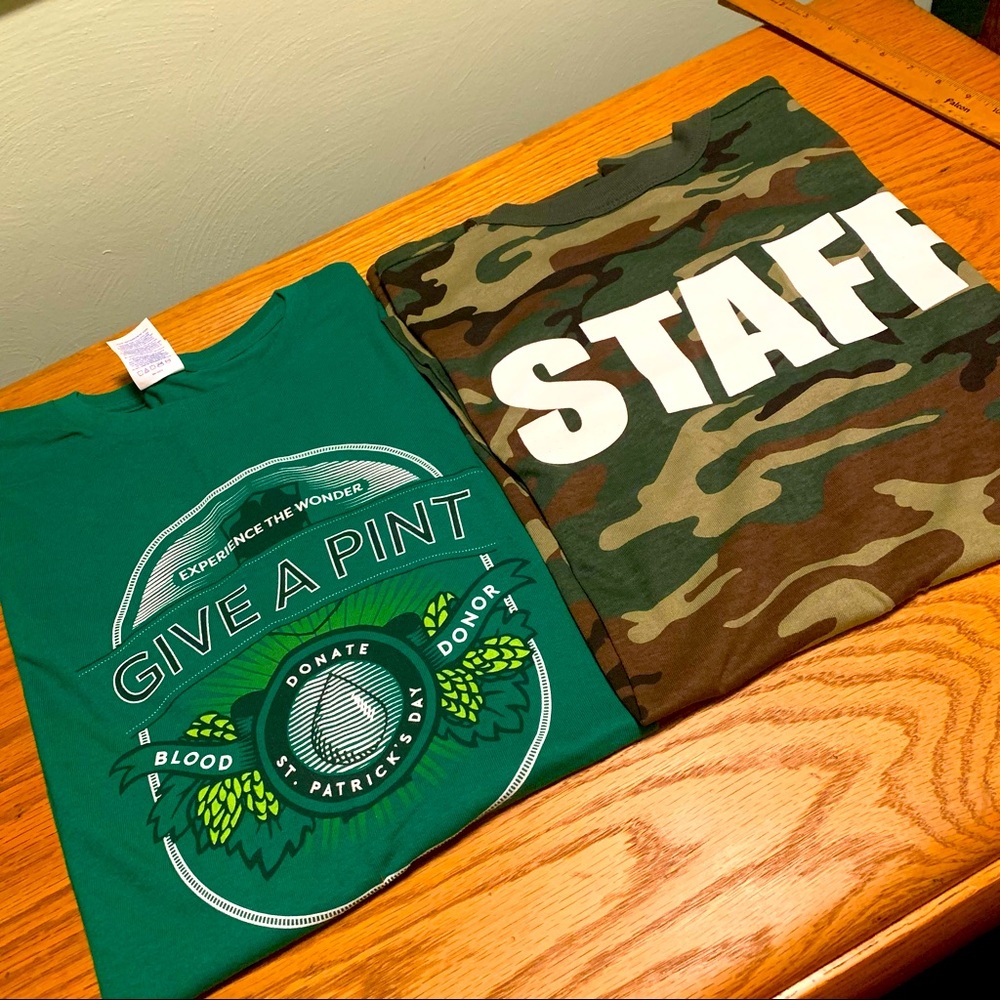 2 NWOT T Shirts - STAFF Camo & St Patrick’s Day